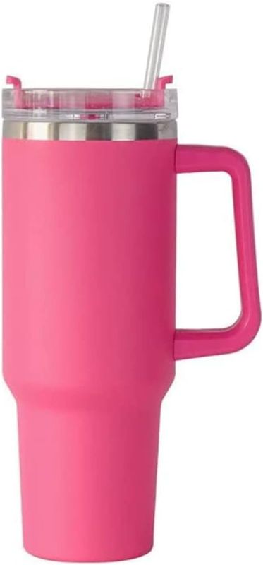 Photo 1 of 40 oz Tumbler With Handle and Straw Lid, Double Wall Vacuum Sealed Stainless Steel Insulated Tumblers, Travel Mug for Hot and Cold Beverages, Thermos Travel Coffee Mug (Dark Pink)
