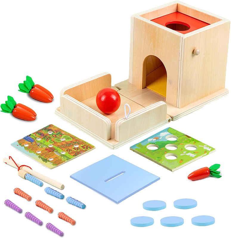 Photo 1 of 4-in-1 Wooden Play Kit Montessori Toy for Kids Age 1 2 3 Years Old, Includes Object Permanence Box, Coin Box, Carrot Harvest, Catch Worm, Learning Toy for Girl Boy Gift 6-12 Month
