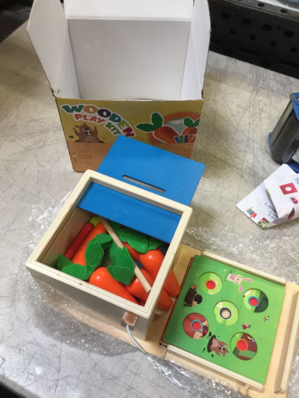 Photo 2 of 4-in-1 Wooden Play Kit Montessori Toy for Kids Age 1 2 3 Years Old, Includes Object Permanence Box, Coin Box, Carrot Harvest, Catch Worm, Learning Toy for Girl Boy Gift 6-12 Month
