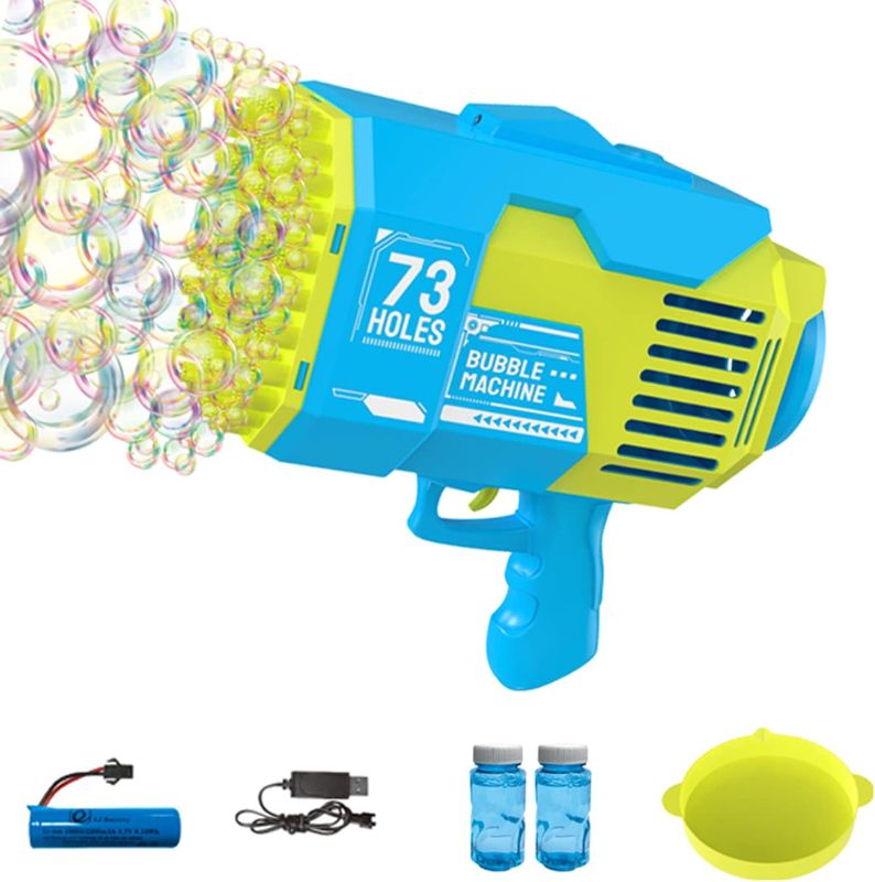 Photo 1 of Bubble Gun with 73-Hole and Light, Summer Indoor Outdoor Activity Bubble Blaster Party Favors Electric Automatic Bubble Maker Machine (Light Blue)
