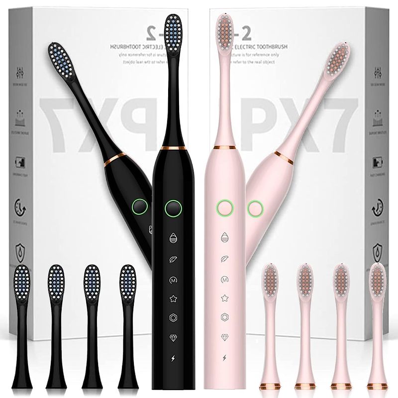 Photo 1 of 2 Pack Electric Toothbrush for Adults, with 8 Brush Heads, 6 Modes 42000vpm, Sonic Electric Toothbrush Black+Pink
