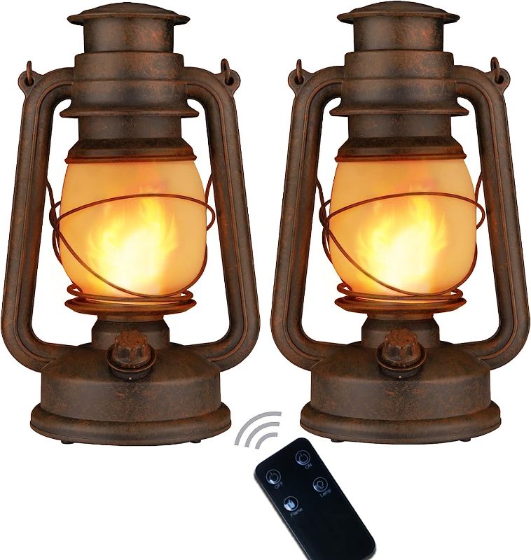 Photo 1 of 2 Pack Led Vintage Camping Lantern Decorative, Outdoor Lanterns for Patio Waterproof with Remote, Battery Operated Lantern Flickering Flame with Two Modes for Garden Party Christmas Decorations
