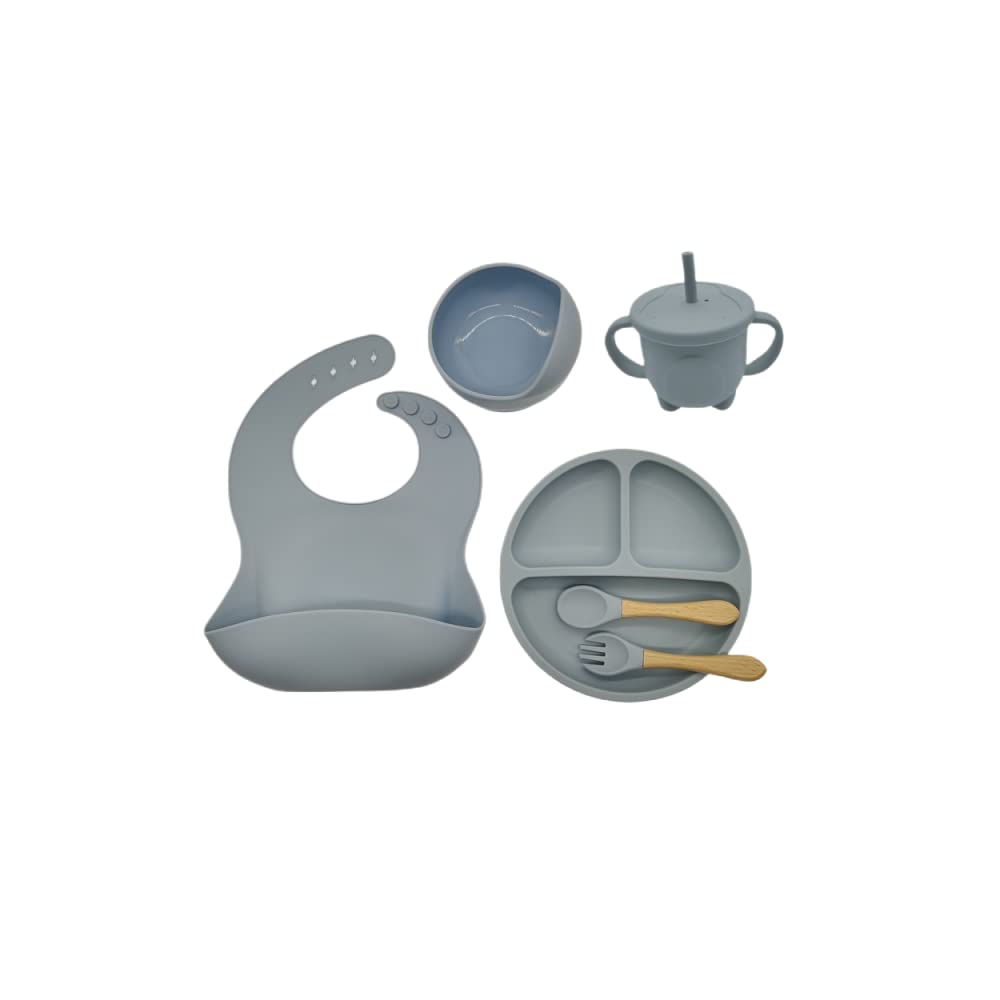 Photo 1 of 6-Piece Baby Feeding Set Silicone Suction Cups Baby Bibs Silicone Bowl Silicone Spoon and Fork Silicone Cup with Straw Baby Tableware Set (Grey Blue)
