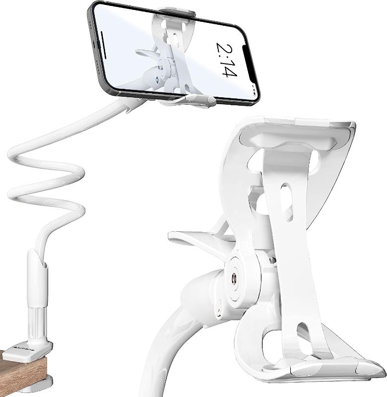 Photo 1 of Cell Phone Holder for Bed Gooseneck Bedside Phone Holder Laying Down with Adjustable 360 Clamp Clip and Flexible Long Arm, Phone Holder for Desk Stand and Mount Compatible with iPhone 14 (White)
