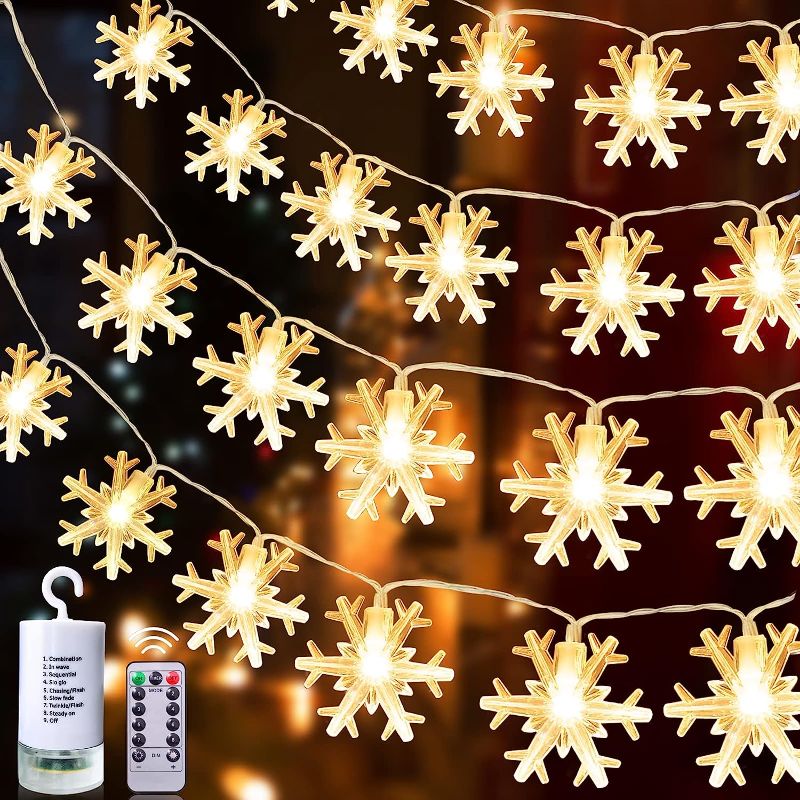 Photo 1 of [ 8 Modes & Timer ] 100LED 33Ft Christmas Snowflake String Lights Decoration Remote Waterproof Battery Operated Fairy Lights Indoor Outdoor Holiday Party Bedroom Garden Xmas Tree Decor (Warm White)
