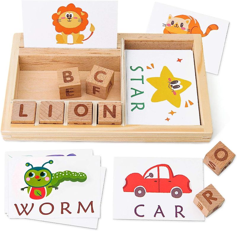 Photo 1 of Coogam Spelling Games, Wooden Matching Letters Toy with Flash Cards Words, Montessori ABC Alphabet Learning Educational Puzzle Gift for Preschool Boys Girls Kids Age 3 4 5 Years Old
