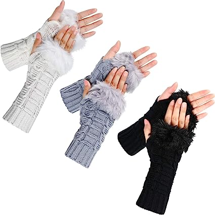 Photo 1 of 3 Pairs Fingerless Winter Gloves Faux Fur Crochet Warm Middle Length Thumb Hole Fingerless Gloves Arm Warmers
