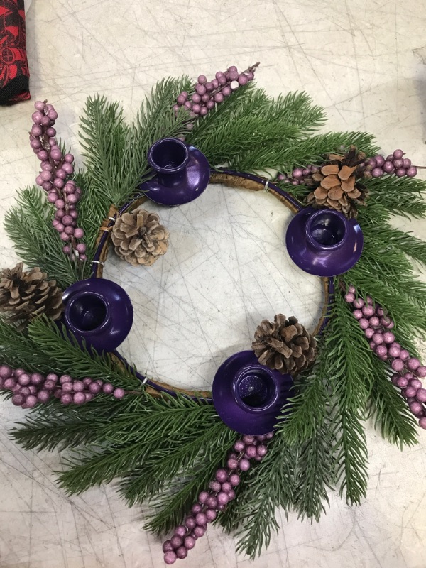 Photo 2 of [Safety Fire Retardant] Christmas Purple Advent Wreath Decoration, Realistic Spruce Christmas Centerpiece with 4 Candle Holder Pinecone 6 Berry Advent Decor for Table Holiday Home Church (No Candles)
