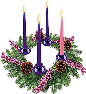 Photo 1 of [Safety Fire Retardant] Christmas Purple Advent Wreath Decoration, Realistic Spruce Christmas Centerpiece with 4 Candle Holder Pinecone 6 Berry Advent Decor for Table Holiday Home Church (No Candles)
