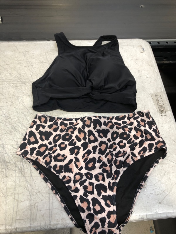 Photo 2 of Blooming Jelly Women's High Waisted Bikini Twist Two Piece Swimsuit High Neck Knotted Leaf Print Bathing Suit Large Black Top & Leopard Bottom