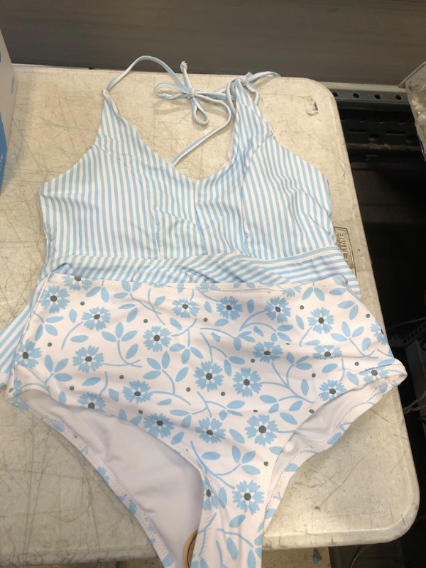 Photo 1 of Beachsissi Women's Bathing Suit Tie Shoulder Stripe Print Cute Tankini Sets Blue Medium