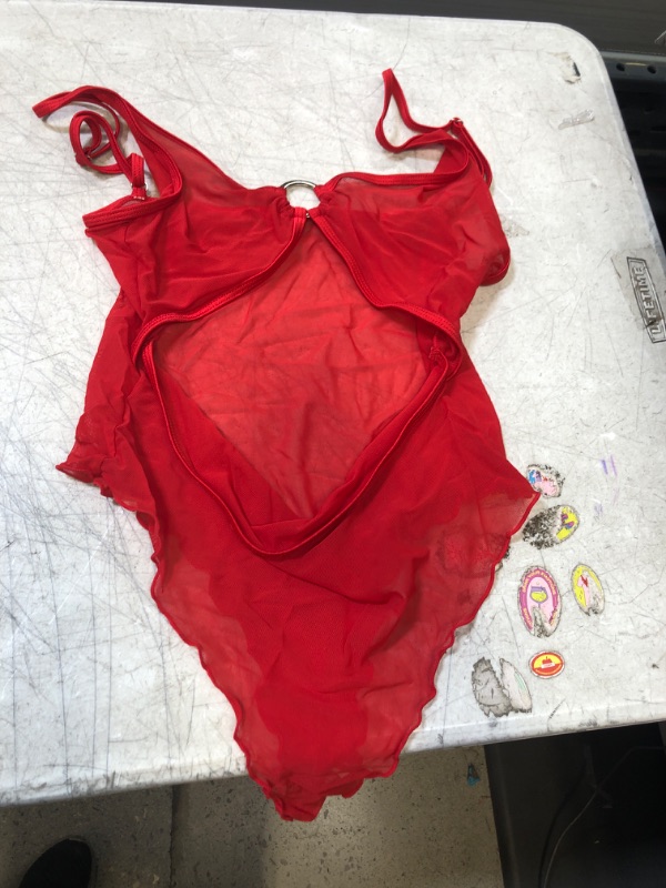 Photo 2 of SHERRYLO Sheer One Piece Swimsuit for Women See Through Bodysuit Monokini Sexy Mesh Thong Teddy Swimsuits Micro Bikini Red Large