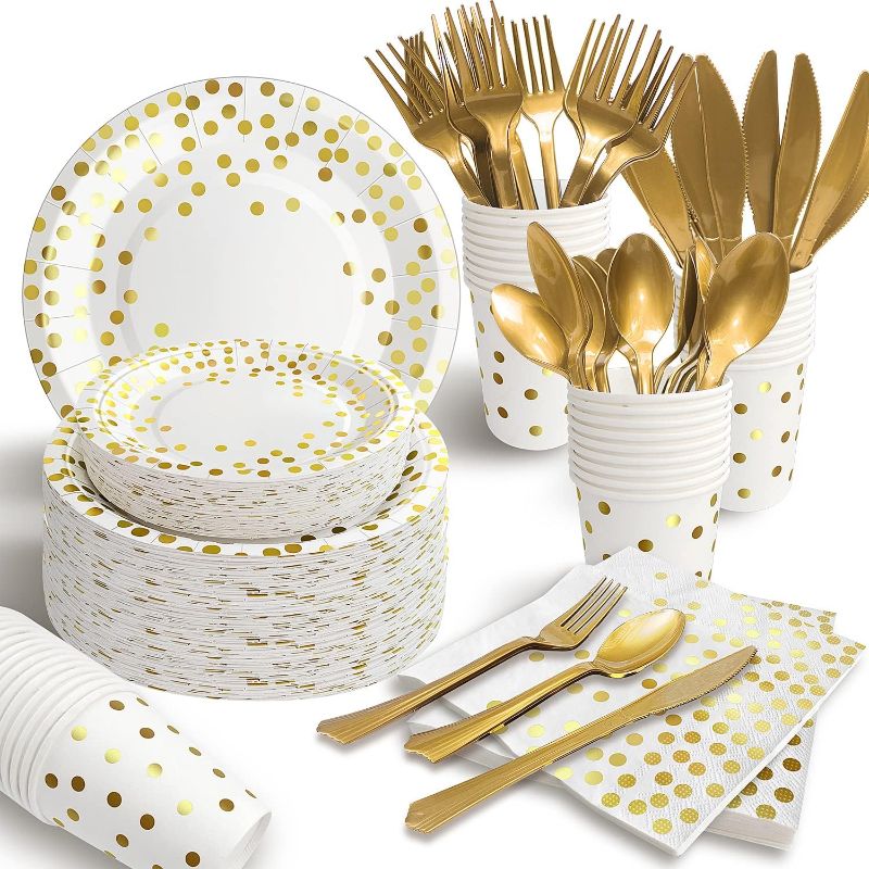 Photo 1 of 350PCS White and Gold Party Supplies, Severs 50 Disposable Gold Paper Plates Party Supplies Engagement Party Decorations Gold Plastic Forks Knives Spoons Napkins Cups for Wedding Bachelorette
