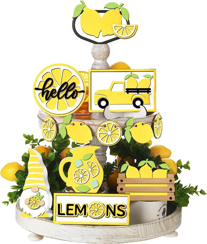 Photo 1 of 12 Pieces Lemon Tiered Tray Decor Summer Wooden Signs Lemon Party Favors Lemon Wooden Blocks Yellow Tiered Tray Decor for Kitchen Farmhouse Home Table Holiday Party Decor (Lemon) FACTORY SEALED
