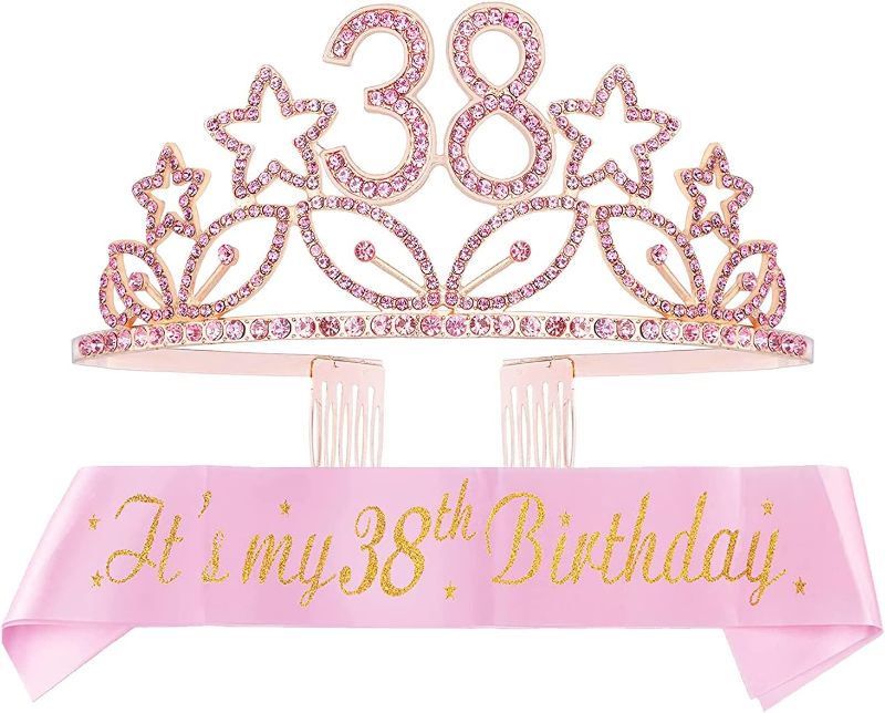 Photo 1 of 38th Birthday Sash and Tiara for Women - Fabulous Glitter Sash + Stars Rhinestone Pink Premium Metal Tiara for Her, 38th Birthday Gifts for 38 Party
