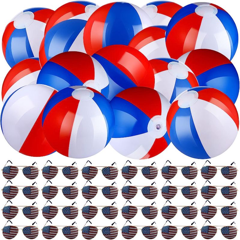 Photo 1 of 48 Pcs Independence Day Pool Party Kit 24 Inflatable Patriotic Beach Balls 12 Inch 4th of July Pool Game Balls and 24 American Flag Sunglasses for 4th of July Party Favor Accessories
