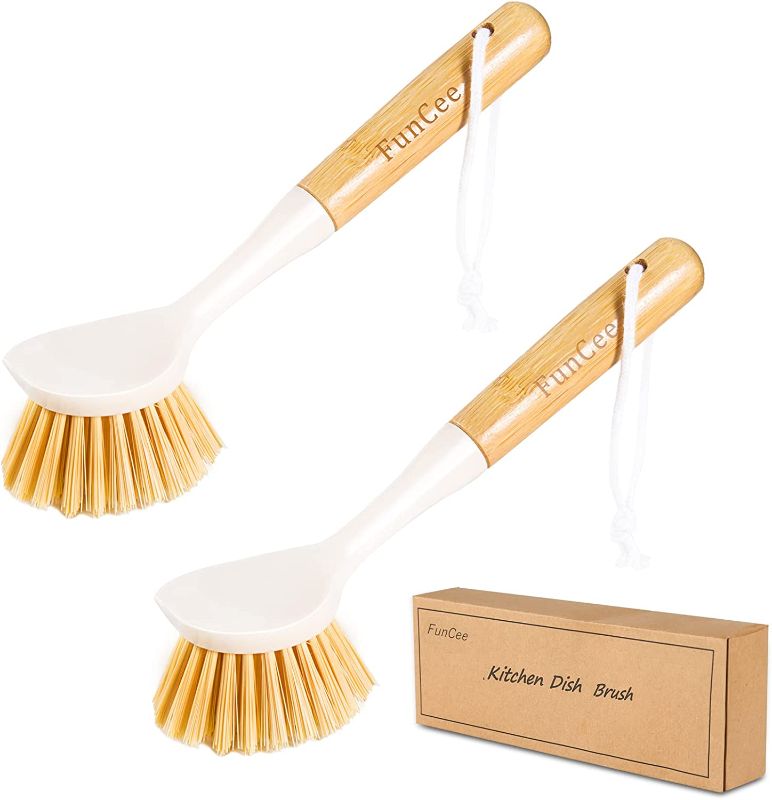 Photo 1 of 2 Pack Kitchen Dish Brushes with Bamboo Handle, Dish Scrubber Built-in Scraper, Scrub Brush for Pans, Pots, Counter & Kitchen Sink Cleaning, Dishwashing and Cleaning, Perfect Cleaning Tools, White
