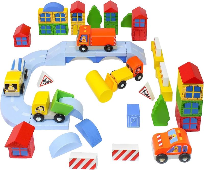 Photo 1 of Kidzlane Wooden Construction Site Building Blocks - 50 Pc Wood Block Variety Set with Vehicles, Bridge + More in Storage Bucket - Brightly Painted, Safe & Non-Toxic for Toddlers & Kids Ages 3+
