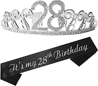 Photo 1 of 28th Birthday Sash and Tiara for Women - Fabulous Set: Glitter Sash + Waves Rhinestone Silver Premium Metal Tiara for Women