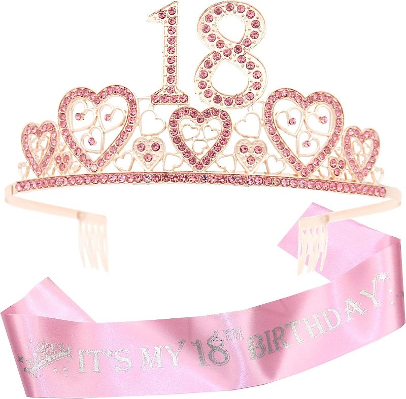 Photo 1 of 18th Birthday Sash and Tiara for Women - Fabulous Set: Glitter Sash + Hearts Rhinestone Pink Premium Metal Tiara,