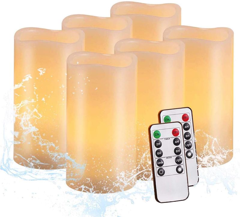 Photo 1 of salipt Flameless Candles, LED Flickering Candles Set of 6 (H 6" xD 3") Battery Operated Candles,Waterproof Flameless Candles, Resin Plastic, Indoor Outdoor Use, Lvory White
