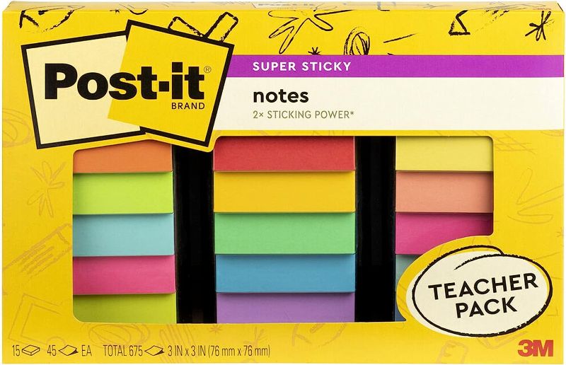 Photo 1 of Post-it Super Sticky Notes Teacher Pack, Assorted Colors, 3 in. x 3 in., 15 Pads/Pack, 45 Sheets/Pad (654-15SSBTS-SR)
