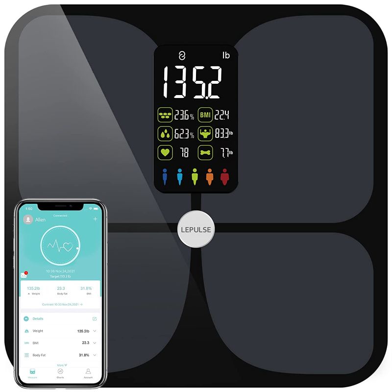 Photo 1 of Scales for Body Weight and Fat, Lescale Large Display Weight Scale, High Accurate Body Fat Scale Digital Bluetooth Bathroom Scale for BMI Heart Rate, 15 Body Composition Analyzer Sync with Fitness App
