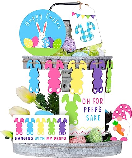 Photo 2 of 10 Pieces Easter Tiered Tray Decor Easter Decor Farmhouse Mini Wood Decor Bunny Rabbits Eggs Wooden Spring Sign Decorative Trays Signs Rustic Easter Decoration for Home Table Kitchen (Bunny Style)