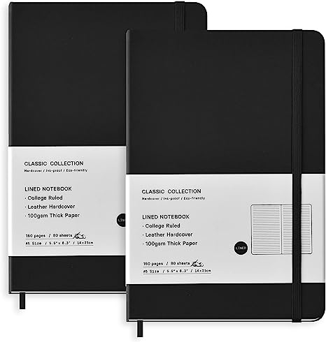 Photo 1 of Coopay 2 Pack A5 Journal Notebooks Classic College Ruled Notebooks Hardcover Leatherette Lined Journals for Office Home School Business, 8.3 x 5.5 inch, 100GSM Thick Paper, 160 Pages (Black)