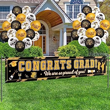 Photo 1 of 2023 Graduation Banner for Yard, Large Congrats Grad Banner for Graduation Decorations, Includes 32 Balloons and 2 rolls of ribbon, Black Gold and White