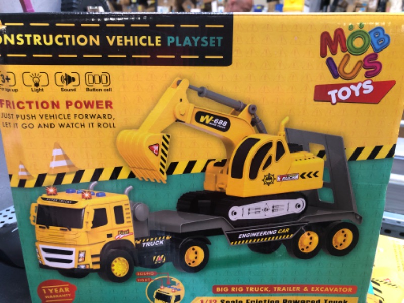 Photo 2 of Flatbed Truck w/Excavator Tractor - 1:12 Scale Large Size Toys - Push and Go Toy Trucks, Construction Trucks for Toddlers, Boys and Girls Kids Ages 3 4 5 Years Old, Friction Truck w/Lights & Sounds