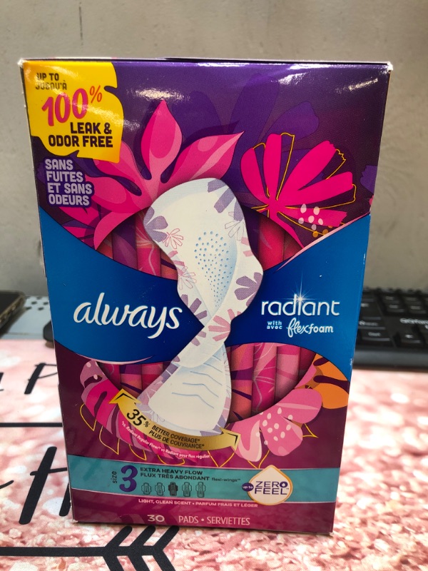 Photo 2 of Always Radiant Feminine Pads for Women, Size 3 Extra Heavy, with Wings, Scented, 30 Count Size 3 (30ct)