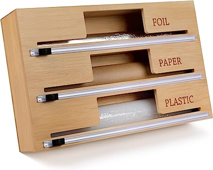 Photo 1 of 4 in 1 Bamboo foil and Plastic wrap Organizer with Cutter, Aluminum foil Dispenser - Cling wrap Dispenser for Kitchen Drawer, Hangable Compatible with 12" Roll. (3 in 1)