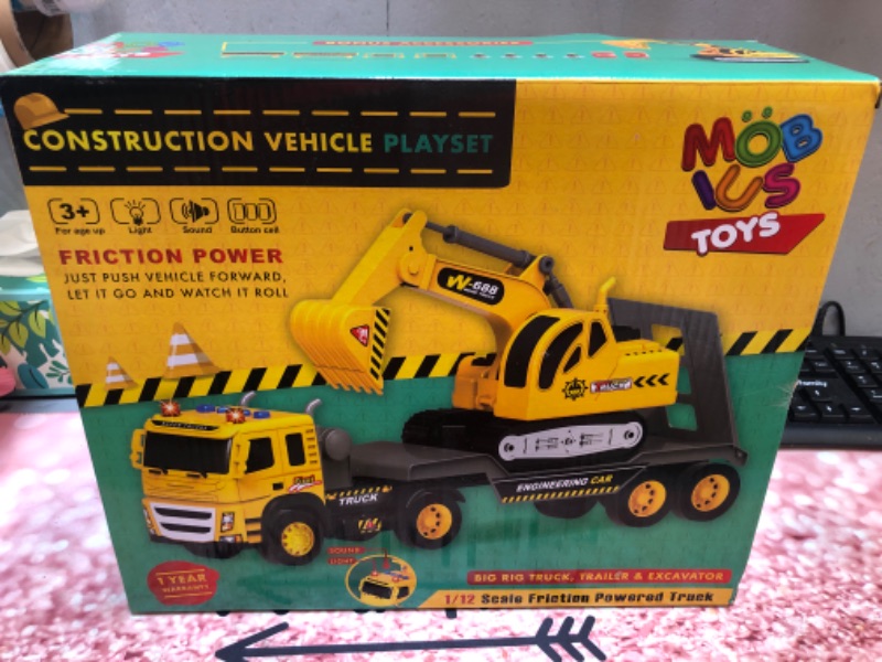 Photo 2 of Flatbed Truck w/Excavator Tractor - 1:12 Scale Large Size Toys - Push and Go Toy Trucks, Construction Trucks for Toddlers, Boys and Girls Kids Ages 3 4 5 Years Old, Friction Truck w/Lights & Sounds