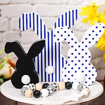 Photo 1 of 3 Pcs Easter Bunny Table Wooden Signs Decor Spring Farmhouse Wood Bunnies Cute Easter Craft Freestanding Centerpiece Signs for Kids Easter Party Supplies (Blank, Dot, Stripe)