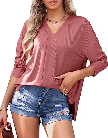 Photo 1 of   LARGE Wihion Women's V Neck Long Sleeve T-Shirts Casual Loose Solid Blouse Lightweight Sweatshirts Tops