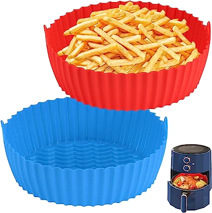 Photo 1 of 8.6 Inch Air Fryer Silicone Liners, 2Pcs Air Fryer Liners Heat Resistant Easy Cleaning Air Fryer Silicone Liners for 5-8QT Air fryers Accessories(Red+Blue)
