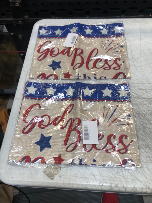 Photo 2 of 2 PIECES Dyrenson God Bless this Porch 4th of July USA Patriotic Memorial Day Decorative Garden Flag Double Sided, American Stripe Stars Burlap Yard Outside Decorations, America Outdoor Small Decor 12x18