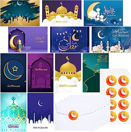 Photo 1 of 240 Set Eid Mubarak Cards with Envelopes Stickers Eid Mubarak Ramadan Holiday Gift Card Set Holder with 240 Envelopes and 240 Cute Stickers