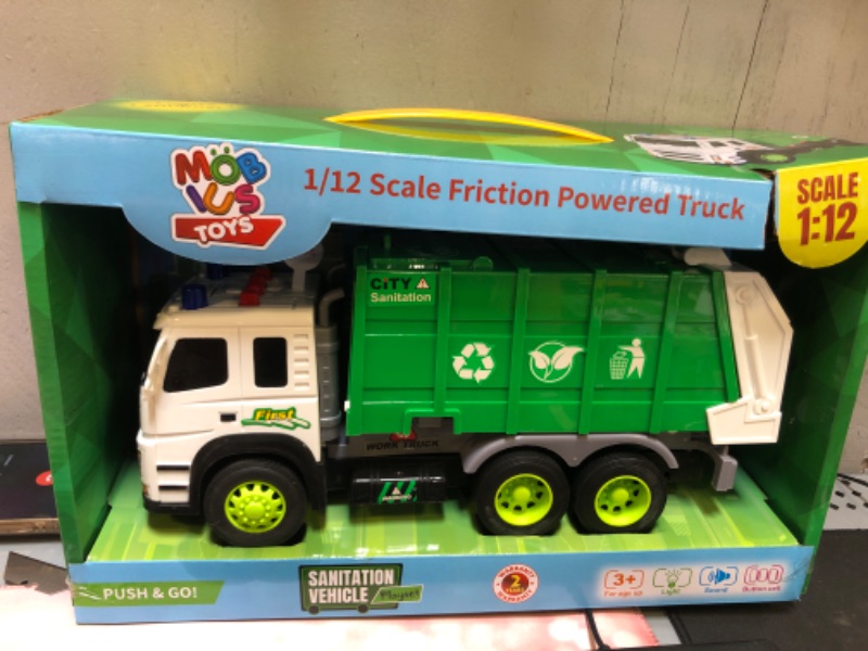 Photo 2 of  Toys Garbage Truck Friction-Powered – 1:12 Scale Large Size Truck w/Sounds, Lights, Loader, 4 Trash Cans for Learning Waste Management Recycling Toy for Toddlers, Boys, Girls 3 4 5 Years Old