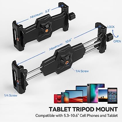 Photo 3 of iPad and Phone Tripod Mount Adapter with Ball Head, iPad Holder for Tripod, 360 Rotatable Tablet Clamp Mount fits iPad Pro 12.9, iPad Air Mini 3 4, Galaxy Tab, Surface Pro 8, Selfie Stick(5.3-10.6")