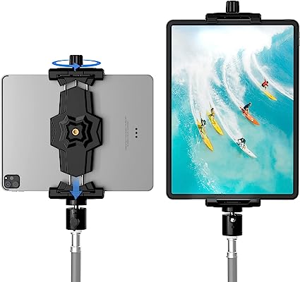 Photo 2 of iPad and Phone Tripod Mount Adapter with Ball Head, iPad Holder for Tripod, 360 Rotatable Tablet Clamp Mount fits iPad Pro 12.9, iPad Air Mini 3 4, Galaxy Tab, Surface Pro 8, Selfie Stick(5.3-10.6")