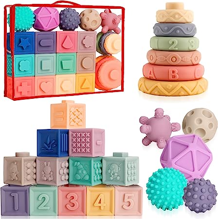 Photo 1 of Baby Toys 6 to 12 Months, 3 in 1 Montessori Toys, Colorful Soft Stacking Blocks, Sensory Toys & Stacking Rings with Patterns, Numbers, Early Development Learning Toys for 6-12-18 Months Infant Toddler