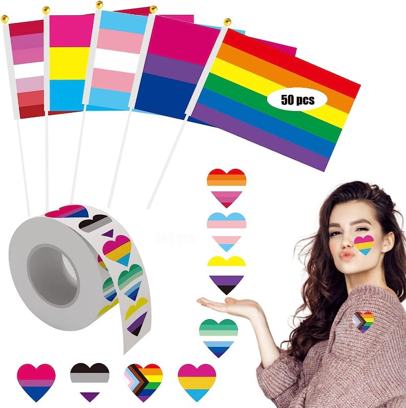 Photo 1 of 50 Pack Handheld Pride Flags and 500Pcs Pride Stickers, Handheld LGBTQ Bisexual Transgender Lesbian Flags, Gay Pride Rainbow Stickers Bulk, LGBTQ Pride Month Stuff Set for Parade Party
