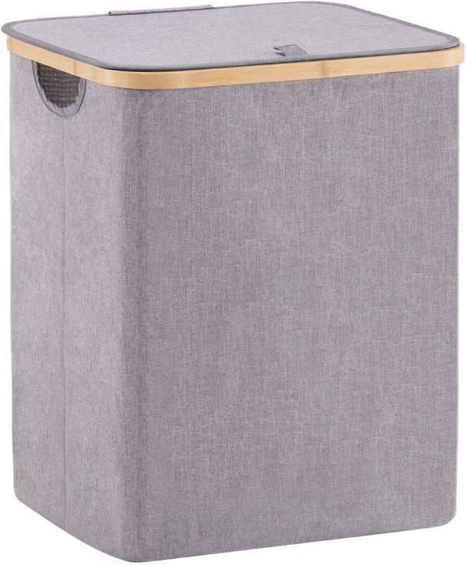 Photo 1 of YOUDENOVA 66L Bamboo Laundry Hamper Basket with Lid and Handle, Waterproof and Collapsible Cloth Hamper for Closet and Bathroom, Grey
