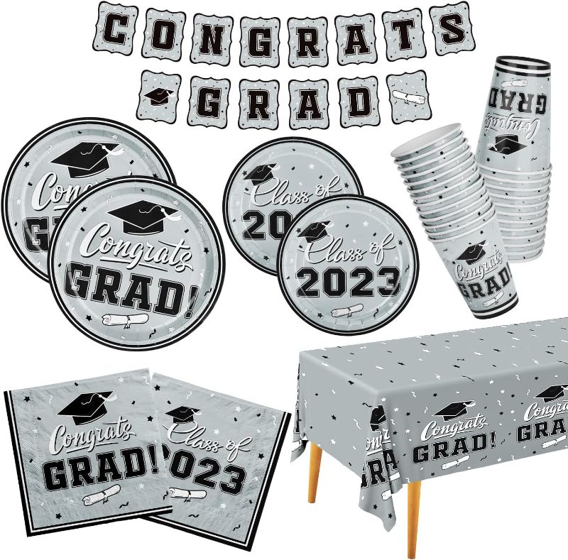 Photo 1 of 2023 Graduation Party Supplies Silver Graduation Party Dinnerware Set Disposable Paper Plates Napkins Cups Tablecloth Banner for Congrats Grad Party Decorations, Serve 25
