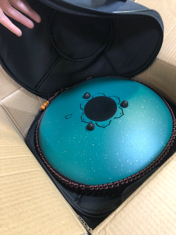 Photo 2 of 14 Inch 15 Note Steel Tongue Drum Qingshi Percussion Instrument Lotus Hand Pan Drum with Drum Mallets Carry Bag?Used for music education concert spiritual healing yoga meditation (Green)