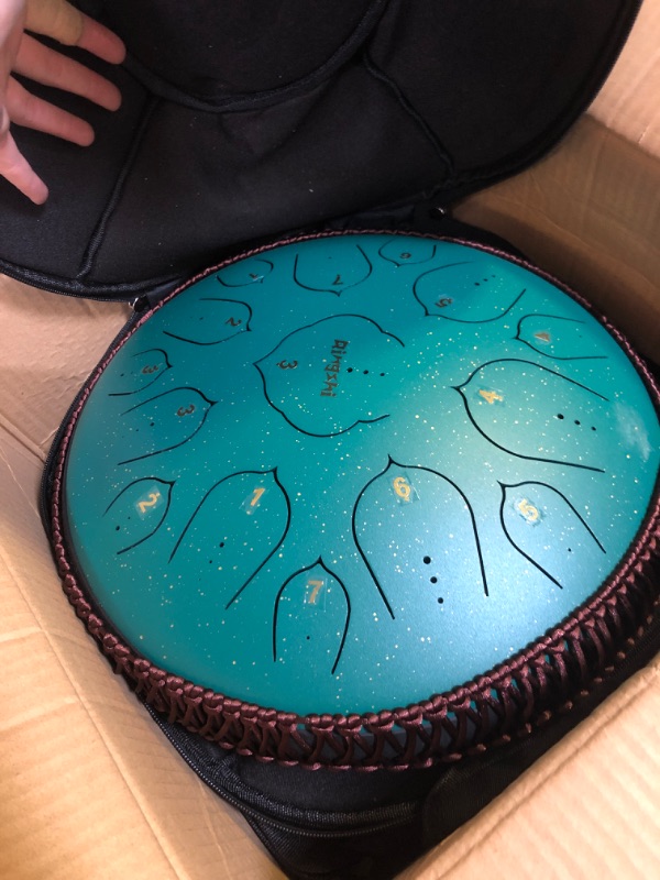 Photo 1 of 14 Inch 15 Note Steel Tongue Drum Qingshi Percussion Instrument Lotus Hand Pan Drum with Drum Mallets Carry Bag?Used for music education concert spiritual healing yoga meditation (Green)