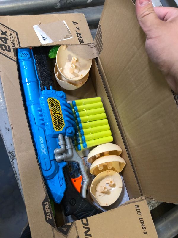 Photo 2 of Dino Attack Claw Hunter (24 Darts + 4 Shooting Targets) by ZURU, X-Shot Blue Foam Dart Blaster, Toy Blaster, Shotgun Style, Twin Barrel, Dinosaur Design Toys for Boys, Kids, Teens (Blue)