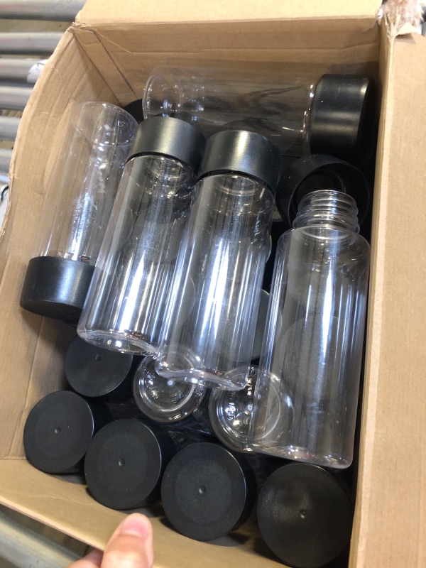 Photo 2 of 50 Pieces Plastic Juice Bottles with Black Lids Sensory Bottles Round Clear Drink Containers Reusable Plastic Smoothie Bottles Empty Water Bottles 10 OZ for Storing Juice, Milk, Homemade Beverage